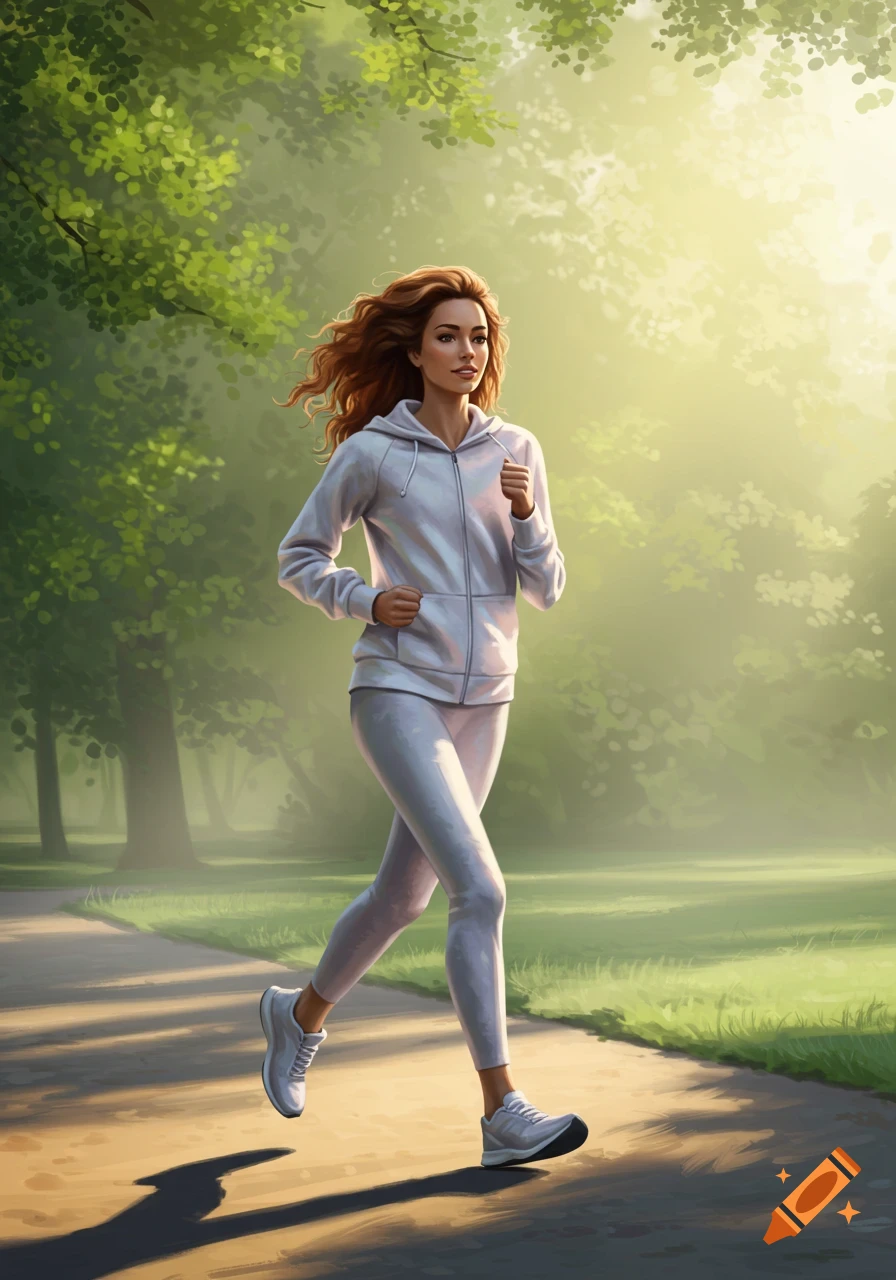 A woman with red hair runs along a sunny path in a park, wearing a white jogging suit.