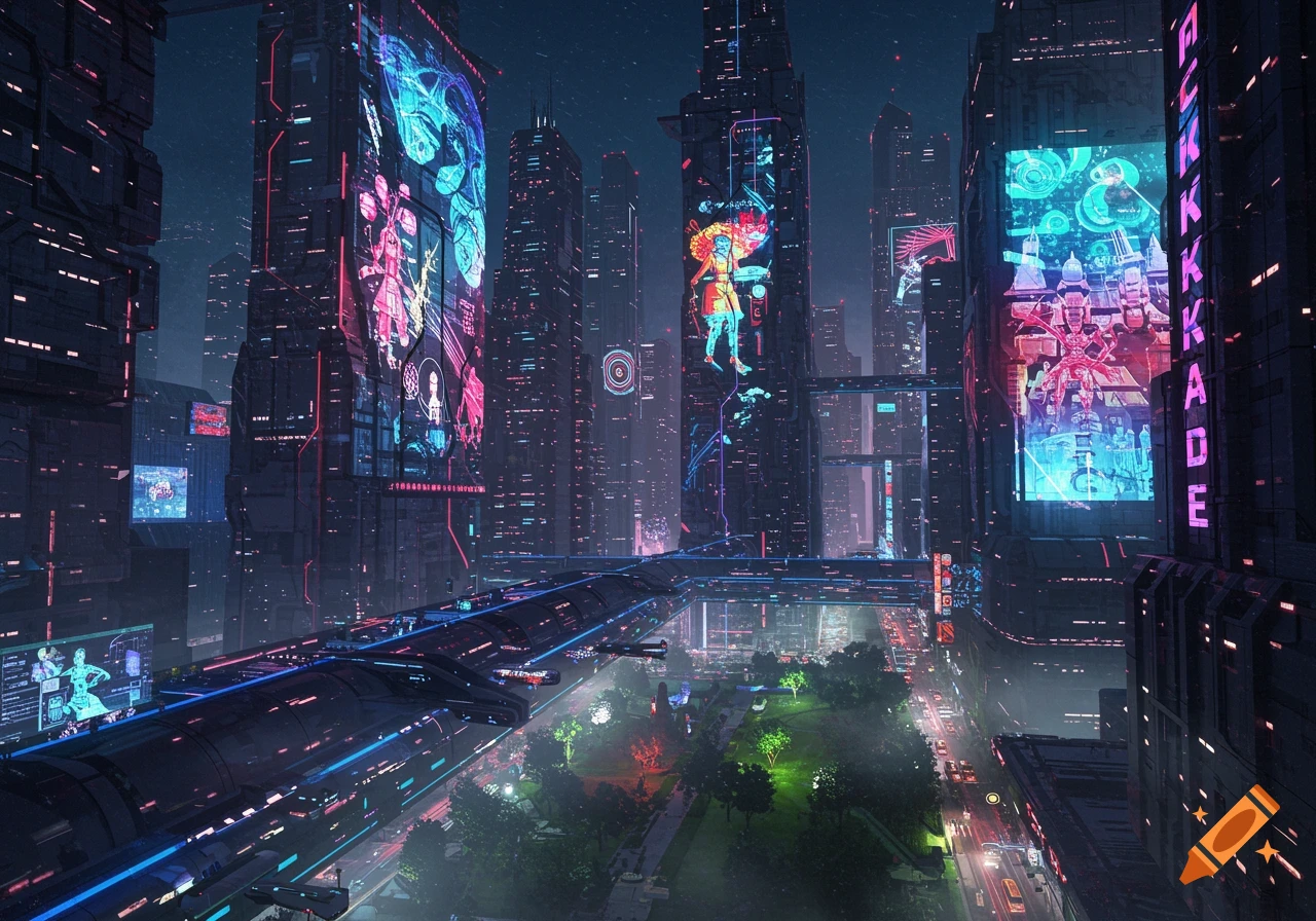 A vibrant cyberpunk cityscape at night, featuring towering buildings adorned with colorful neon billboards and intricate sky-bridges overlooking a park and busy streets.