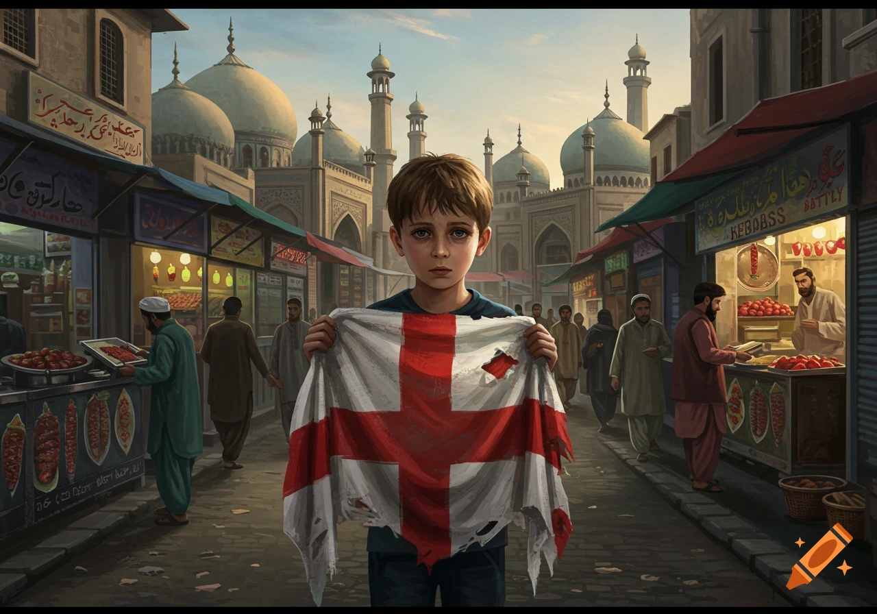 A solemn young boy holds a tattered England flag in the middle of a bustling Middle Eastern street market with mosques in the background.