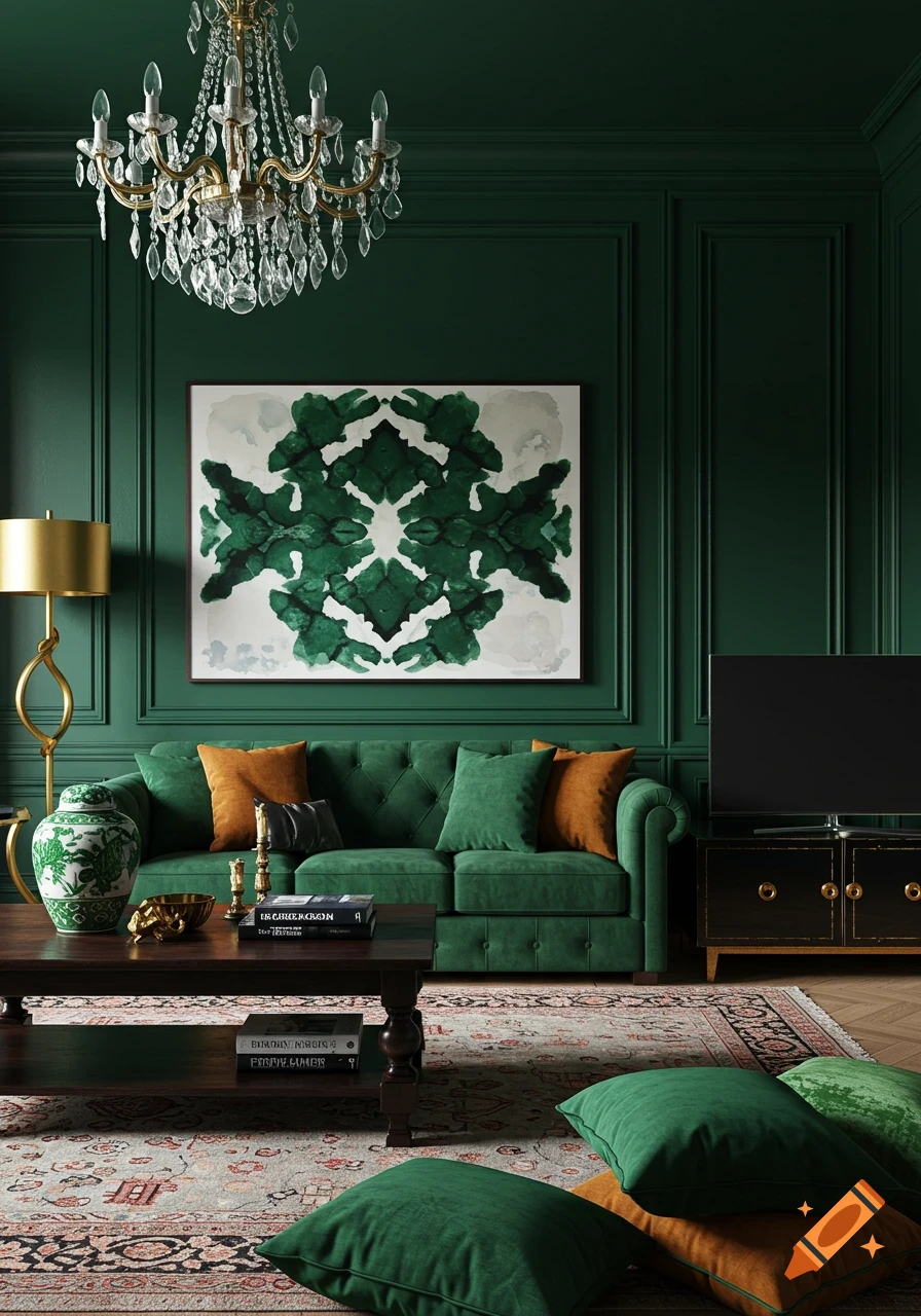 A luxurious emerald green living room featuring a tufted velvet sofa, a crystal chandelier, a large Rorschach-inspired artwork, and an antique coffee table.