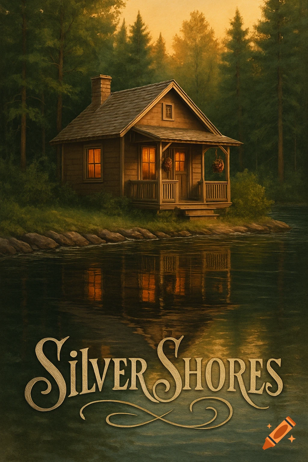 A rustic wooden cabin with illuminated windows sits by a tranquil lake, surrounded by a dense forest, with "Silver Shores" written below on the water.