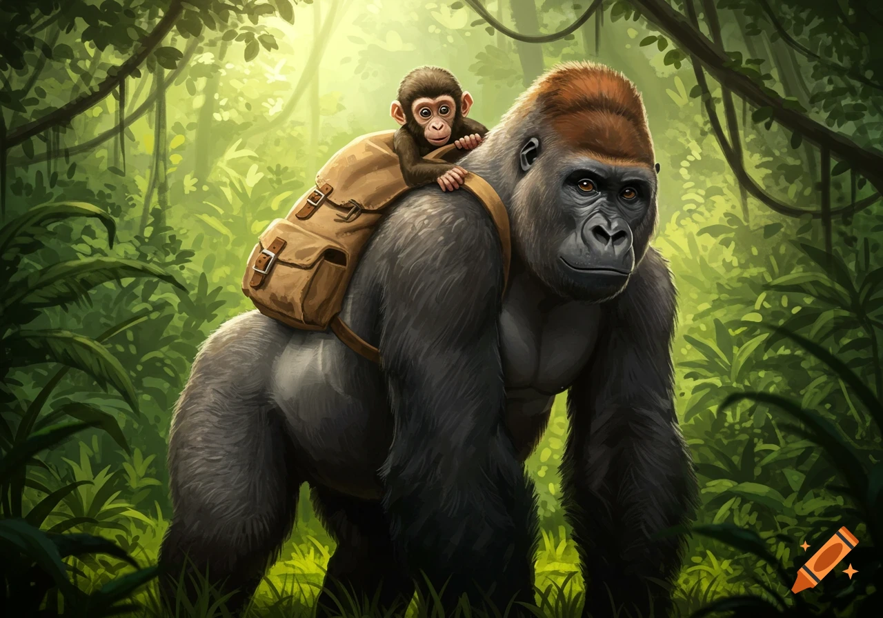 A large gorilla carries a small baby monkey in a backpack on its back through a lush, green jungle.