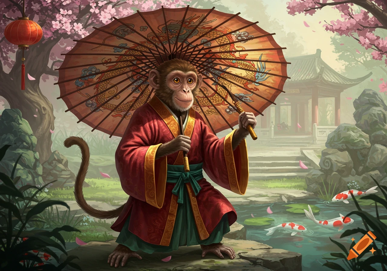 A wise-looking monkey in a red kimono holds an ornate parasol in a traditional Chinese garden with cherry blossoms and a koi pond. Illustration.