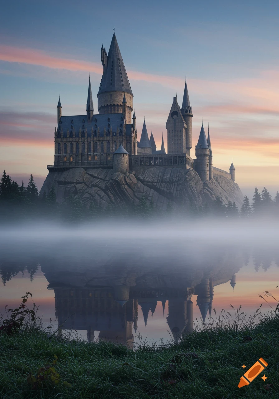 A photorealistic image of Hogwarts castle at dawn, reflected in a misty lake, with lush green grass in the foreground.