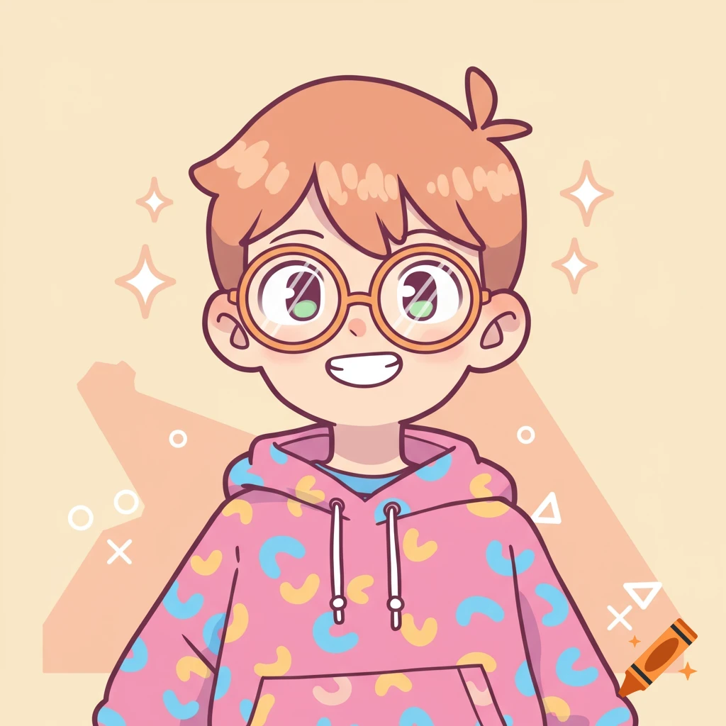 Cartoon portrait of a smiling boy with orange hair and round glasses wearing a pink hoodie with colorful shapes.