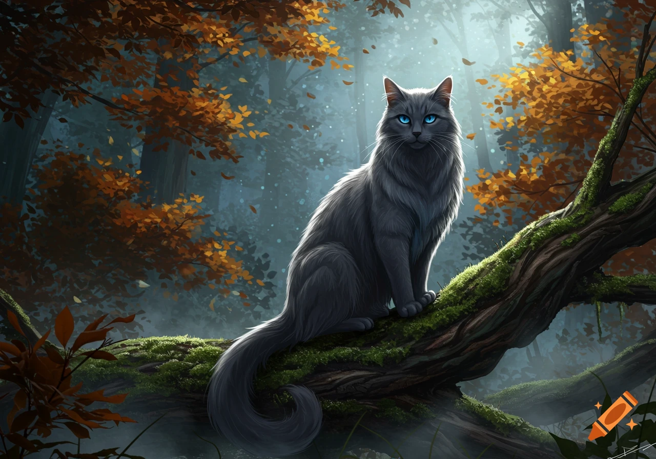 A majestic grey cat with bright blue eyes sits on a mossy tree branch in an autumnal forest with golden leaves.