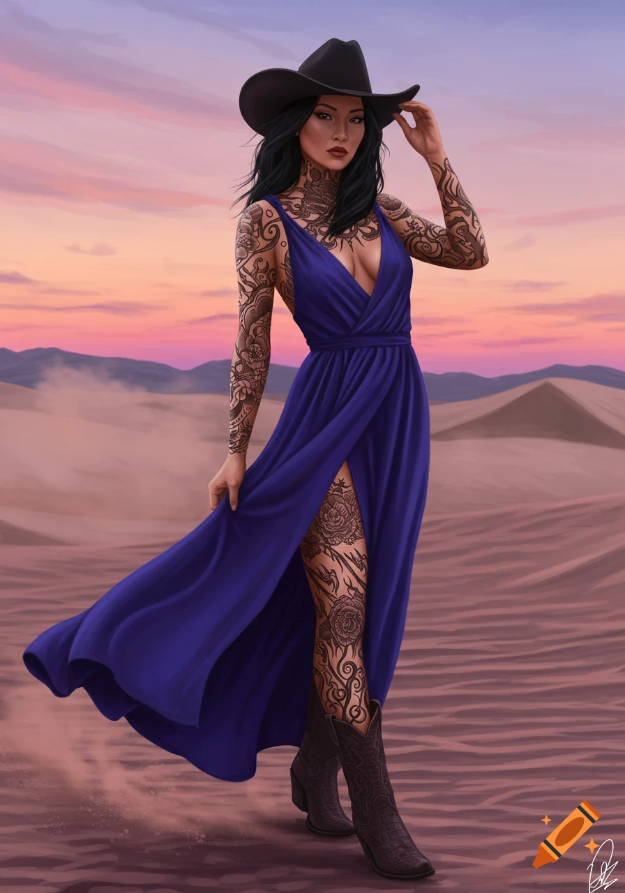 A tattooed Asian woman in a purple dress and black cowboy hat stands in a desert at sunset.