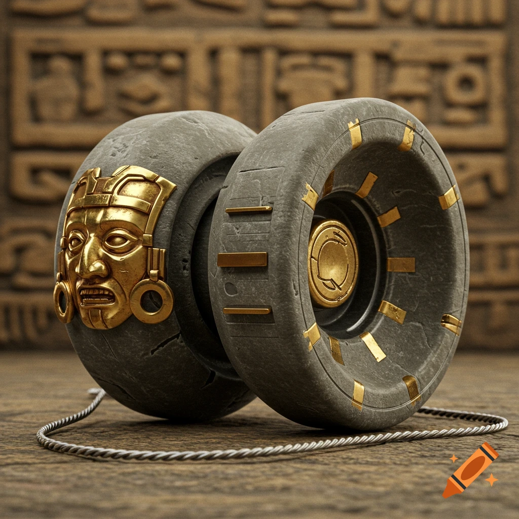 A detailed shot of a stone yoyo featuring golden Aztec mask designs and golden accents, resting on a stone surface.