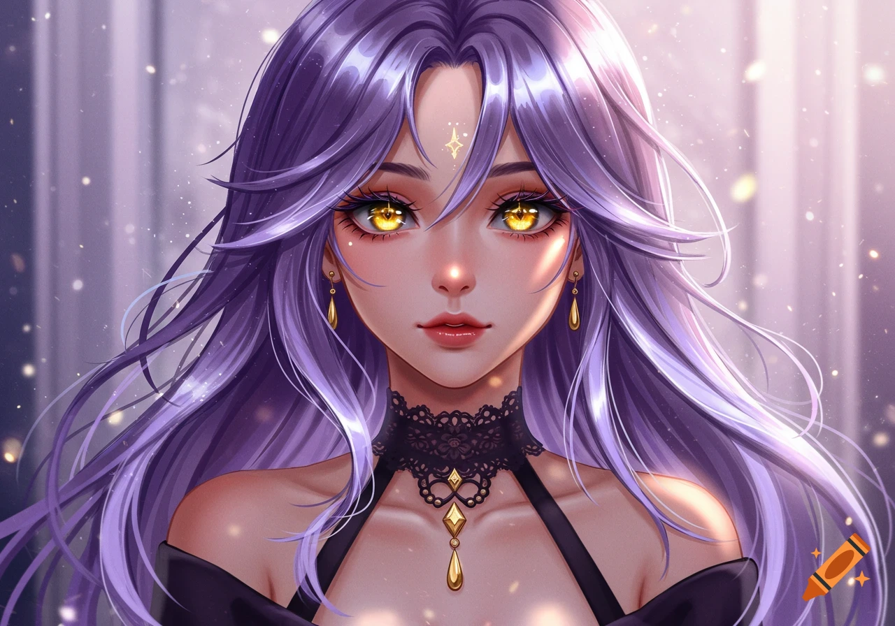 Anime portrait of a young woman with long amethyst hair, sparkling golden eyes, and a black lace choker.