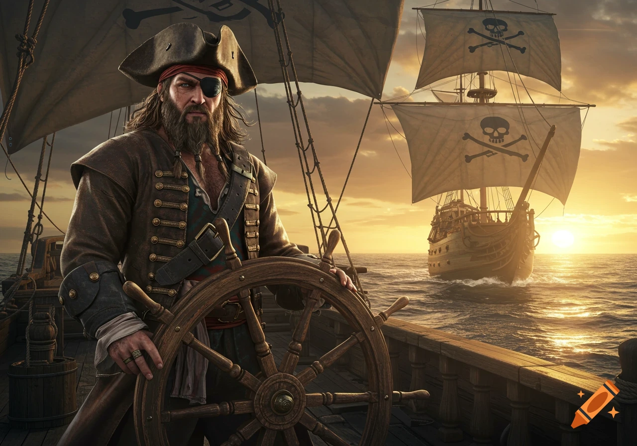 A rugged pirate with an eye patch at the helm of a ship, with another pirate ship sailing into the sunset.