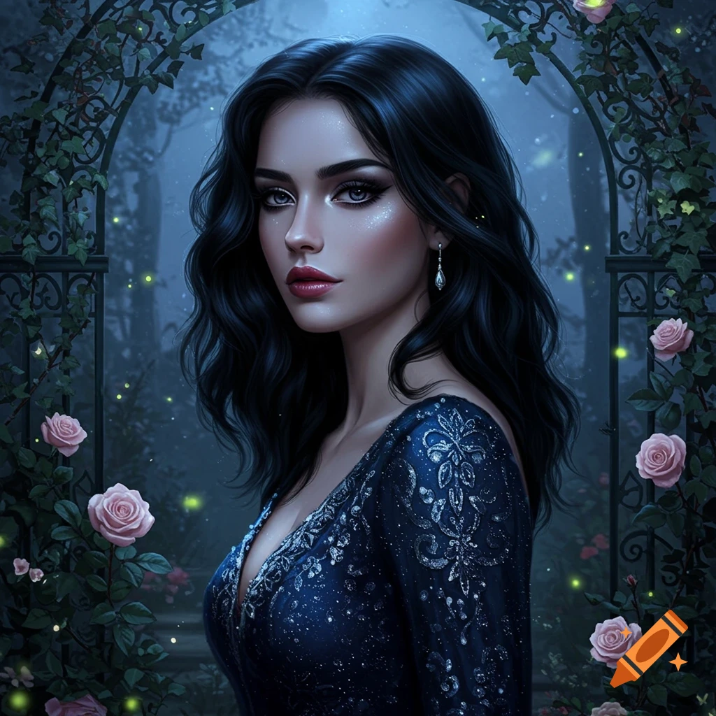 A beautiful woman with long dark hair in an elegant blue dress stands in a mystical garden archway with roses and glowing lights.