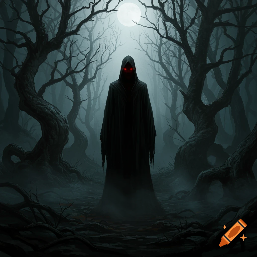 A dark, hooded figure with bright blue glowing eyes stands in a foggy ...