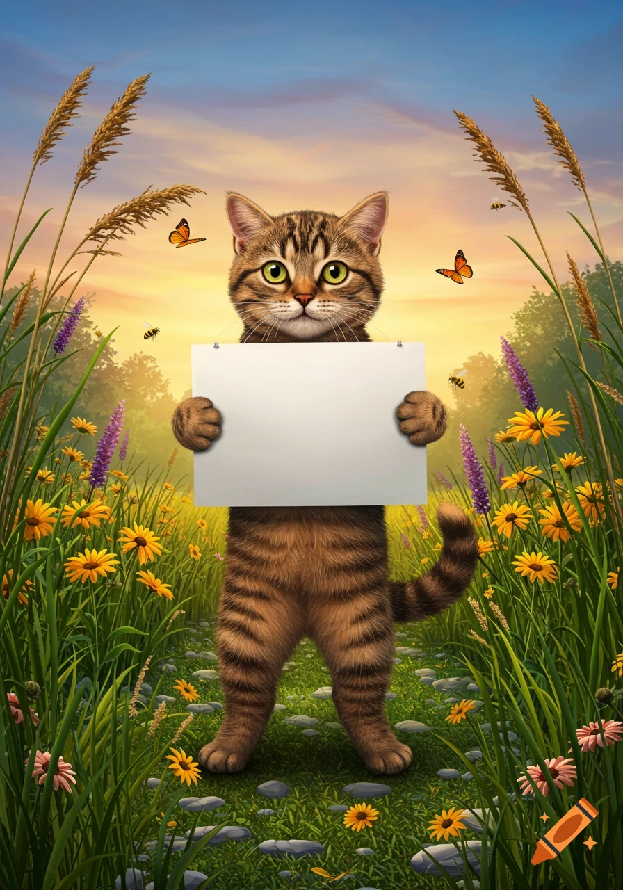 A cute tabby cat standing upright in a vibrant field of wildflowers and grass, holding a blank white sign. Butterflies and bees are visible.