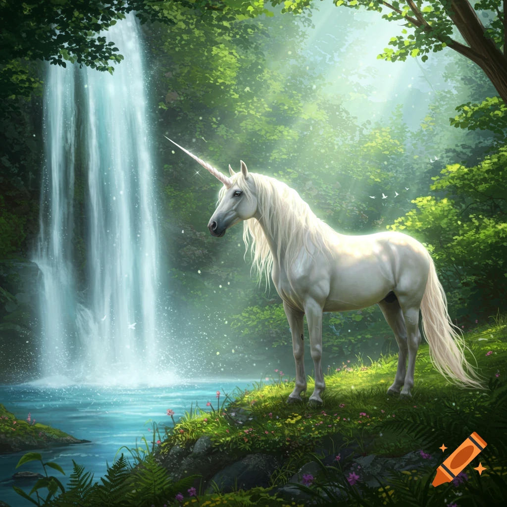 A majestic white unicorn stands on a grassy bank by a large waterfall in a lush, sunlit forest.