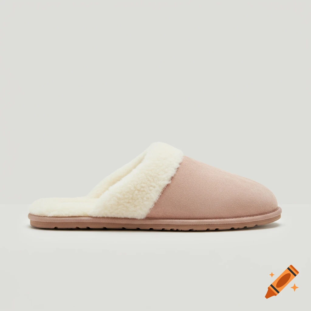 A single pink suede slipper with a cream wool lining on a light background.
