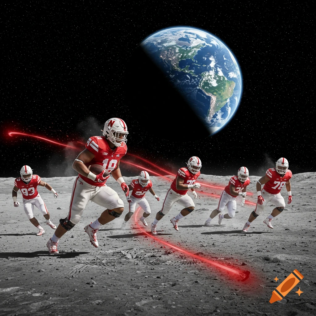 A team of football players in red and white uniforms run across the surface of the moon under a starry sky with Earth visible in the background.