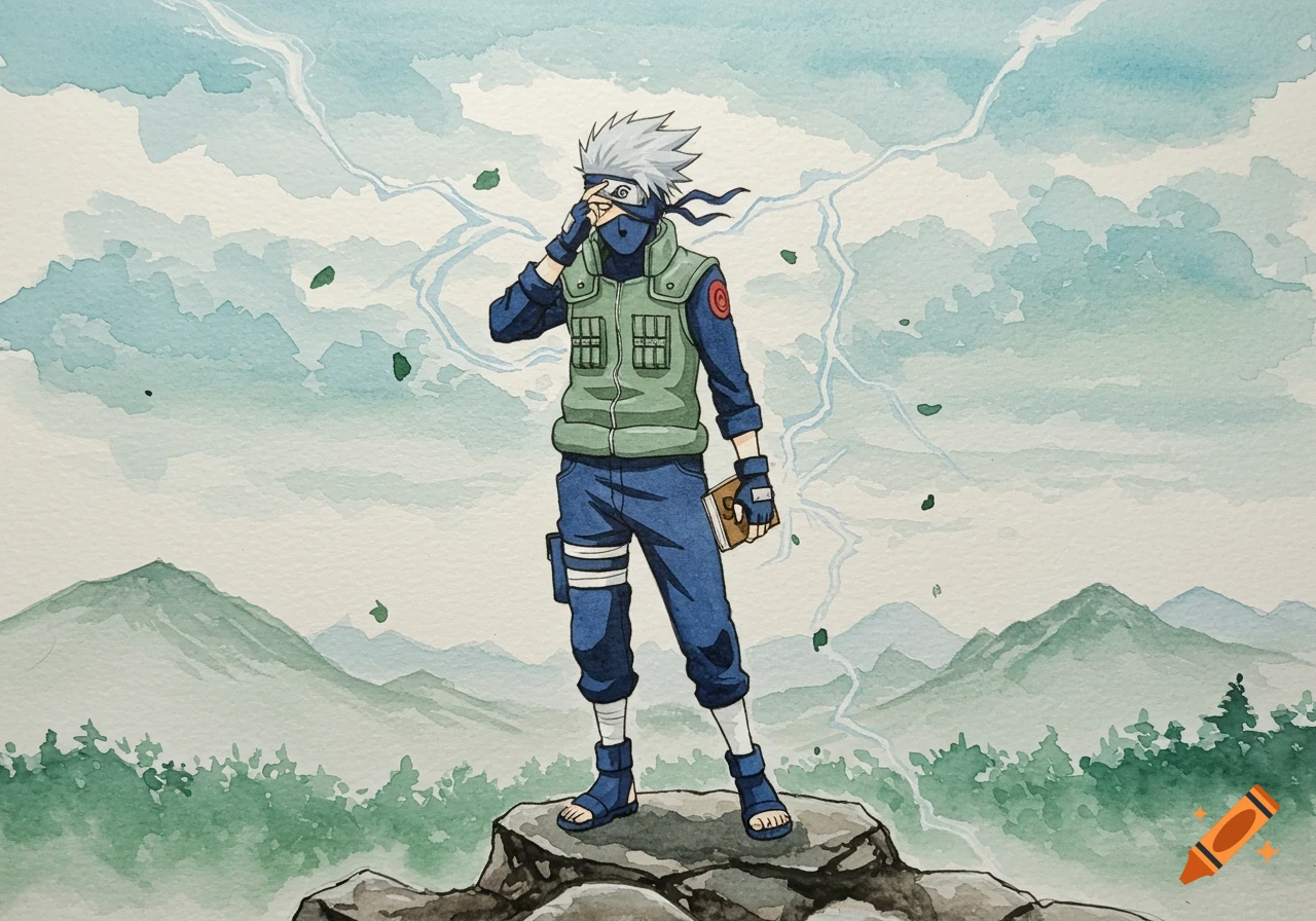 Watercolor illustration of Kakashi Hatake standing on a rock, looking over mountains, with lightning in the sky.