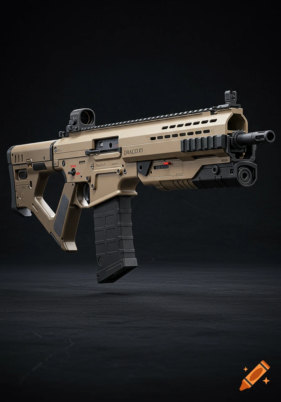 A close-up, photorealistic studio shot of a tan and black tactical rifle, named Draco X1, against a dark background.