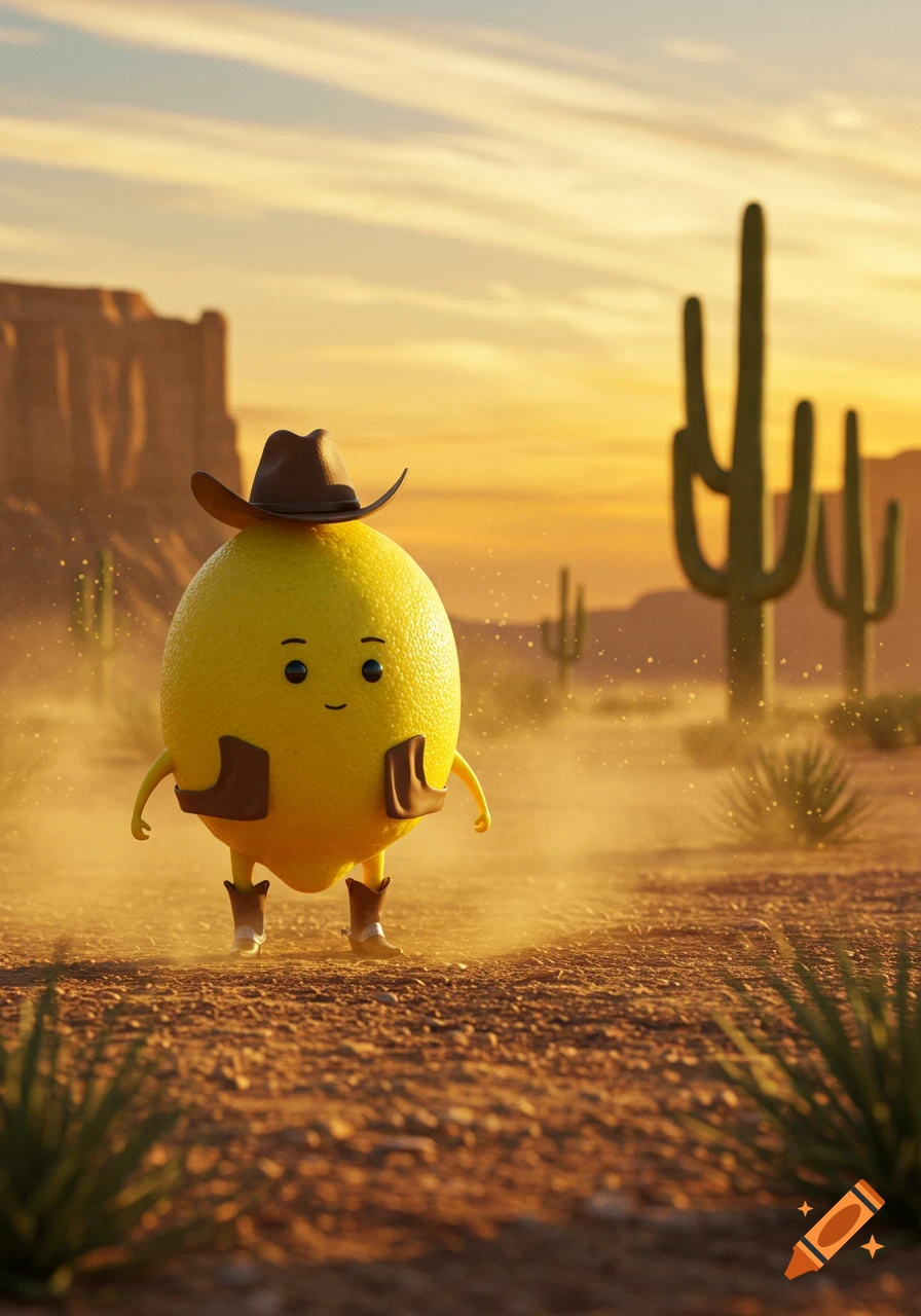 A cute anthropomorphic lemon wearing a cowboy hat and boots walks through a dusty desert landscape with cacti and mesas at sunset.
