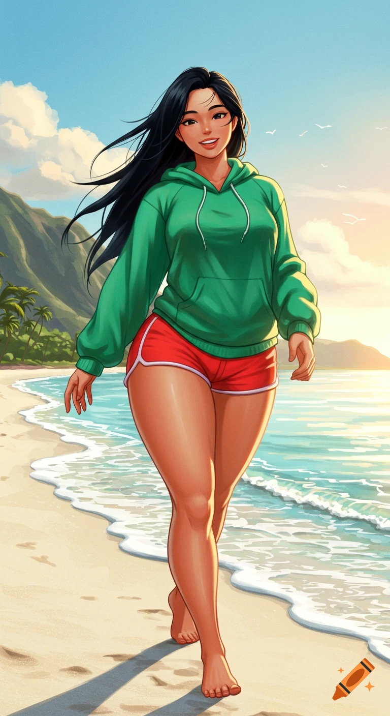 An anime-style image of a smiling woman with long black hair, wearing a green hoodie and red shorts, walking barefoot on a sandy beach at sunset.