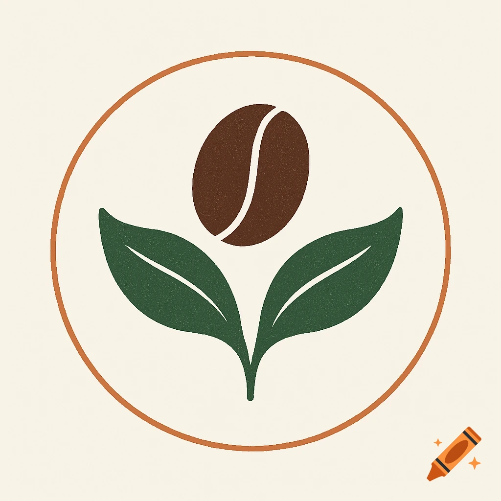 A stylized logo featuring a brown coffee bean above two green leaves, all enclosed within an orange circle on a cream background.