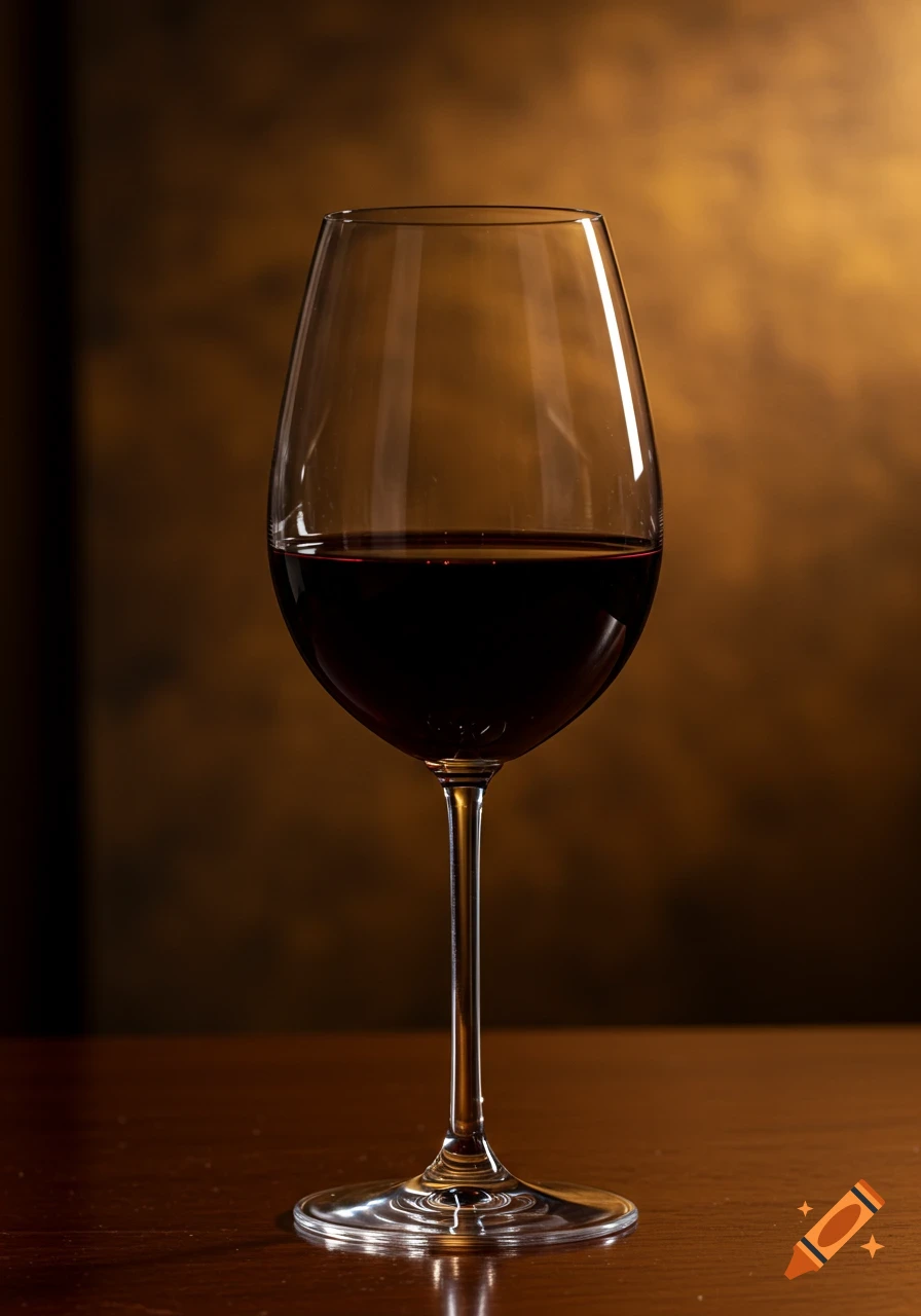 A photorealistic close-up of a glass of red wine on a wooden table with a blurred, warm background.