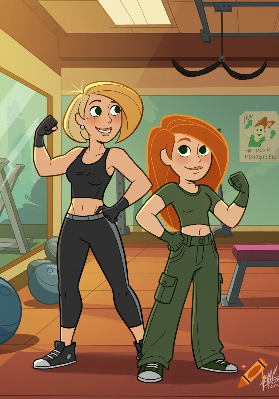 Kim Possible and her mom flex their muscles at the gym in a cartoon style.