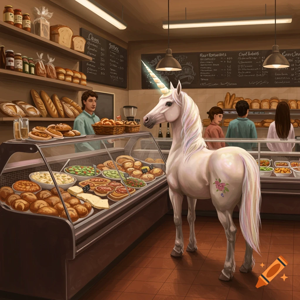 A majestic white unicorn stands inside a brightly lit deli, looking at a counter full of baked goods, with customers in the background.
