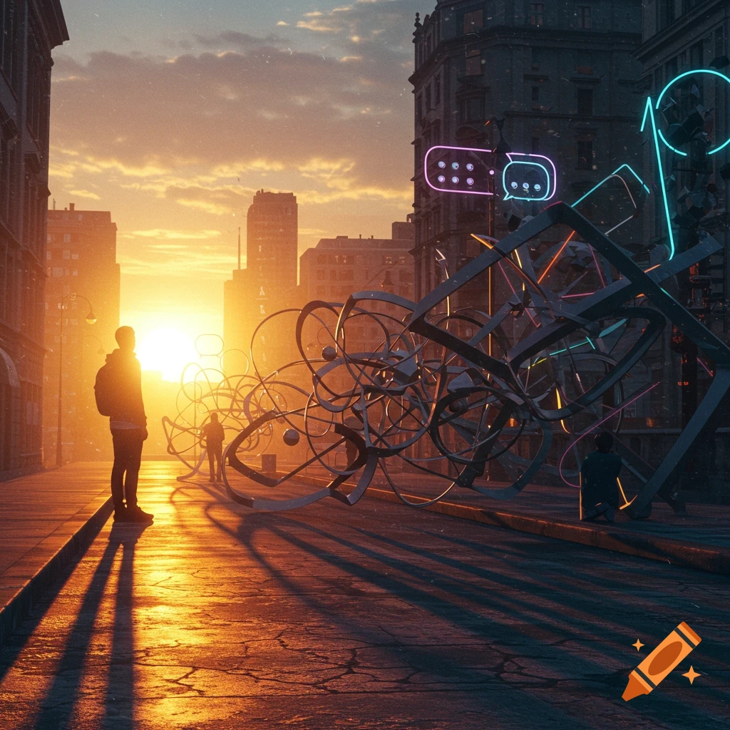 A person stands on a city street at sunset, looking at large abstract metal sculptures and neon signs with digital symbols.