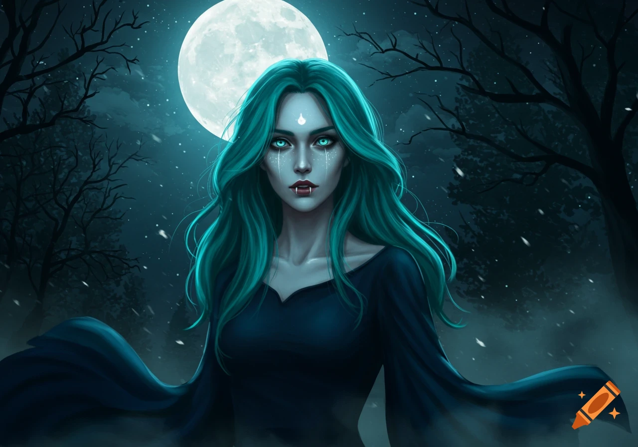 A pale female vampire with long teal hair and glowing blue eyes, showing fangs, stands in a dark snowy forest under a large full moon, digital art.