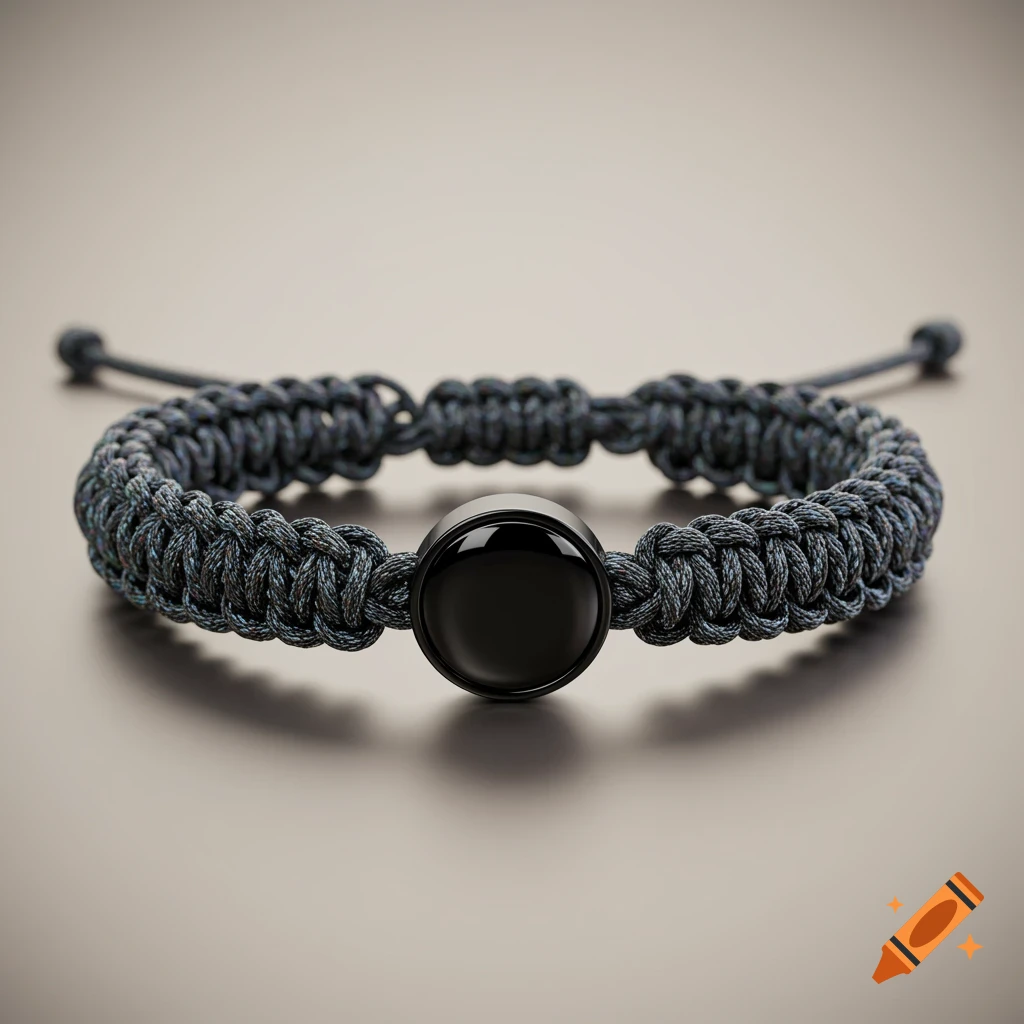 A woven black-gray-rainbow bracelet with a black circular charm on a plain background.