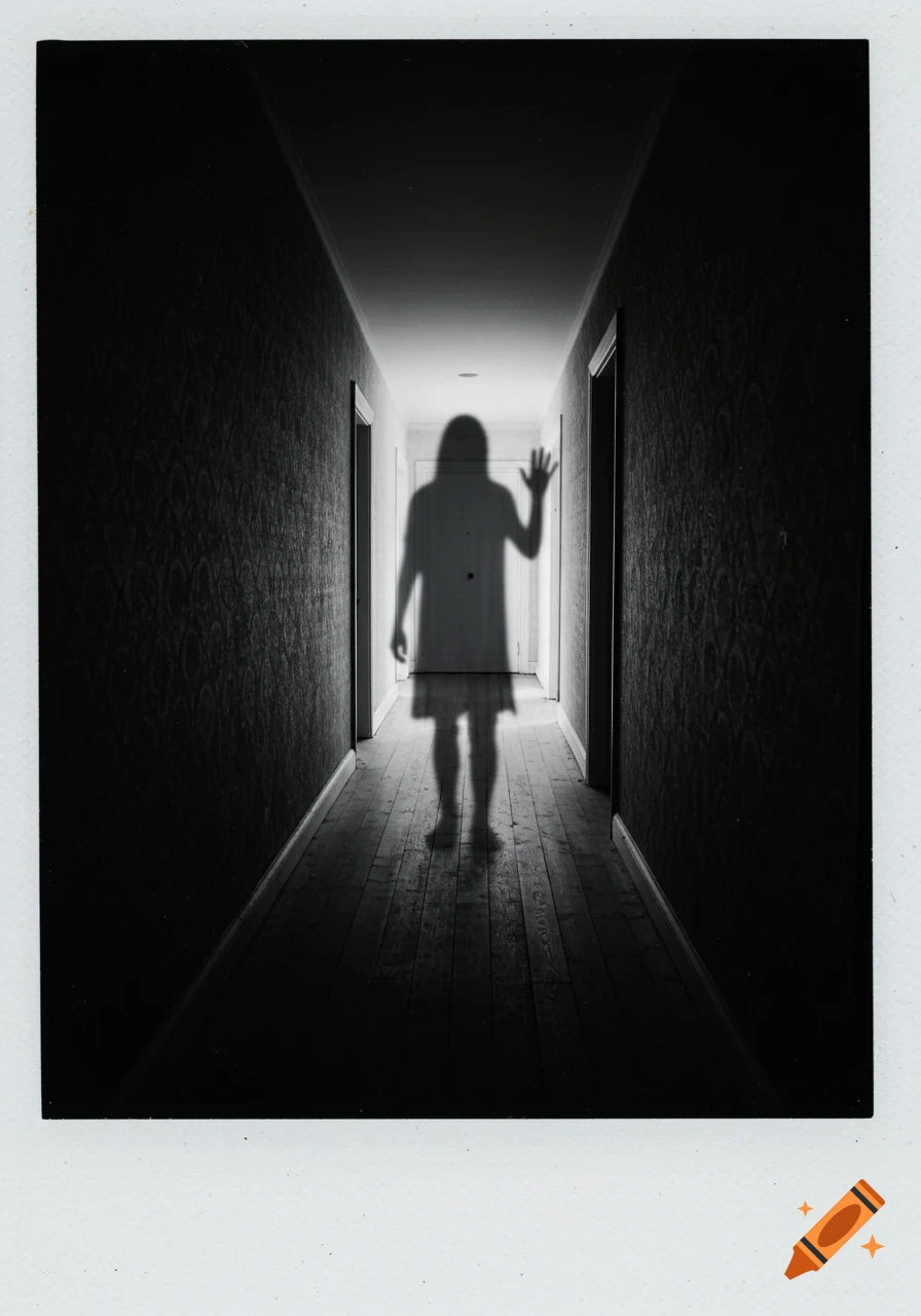 A creepy, shadowy figure with a raised hand appears at the end of a long, dark, vintage black and white hallway, framed like an old polaroid photo.