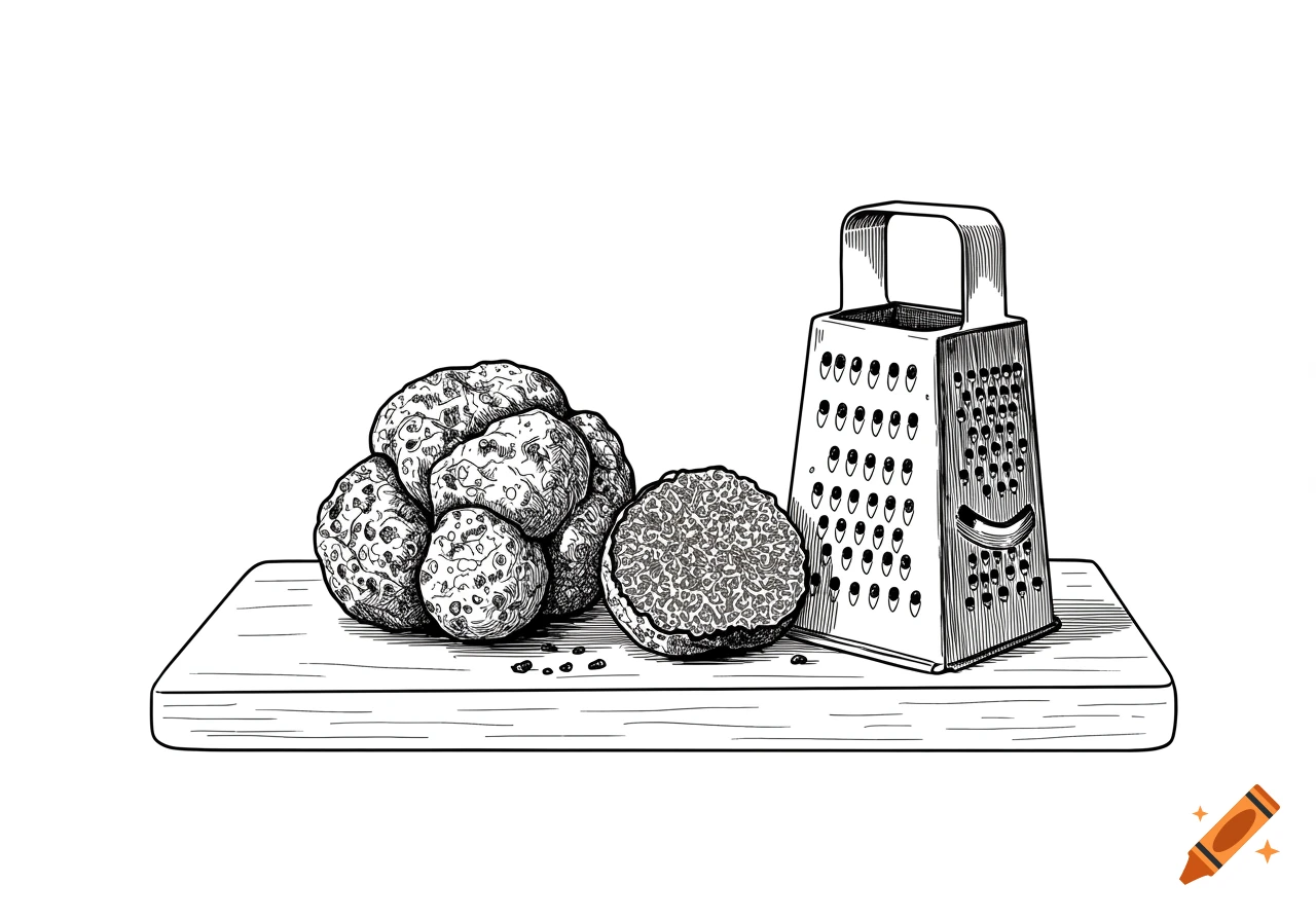 Black line illustration of a pile of truffles and a grater on a wooden cutting board.