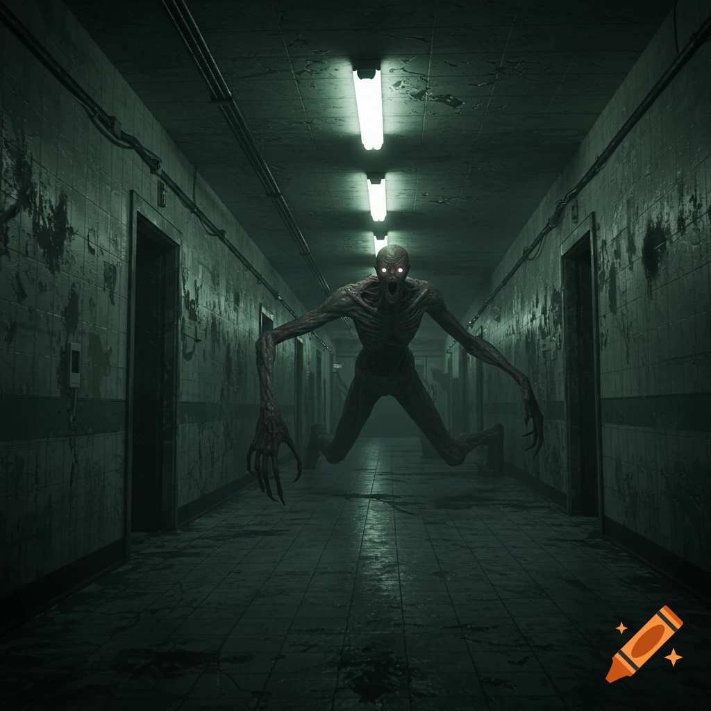 A gaunt, glowing-eyed creature with long limbs levitates in a dark, derelict hallway with fluorescent lights.