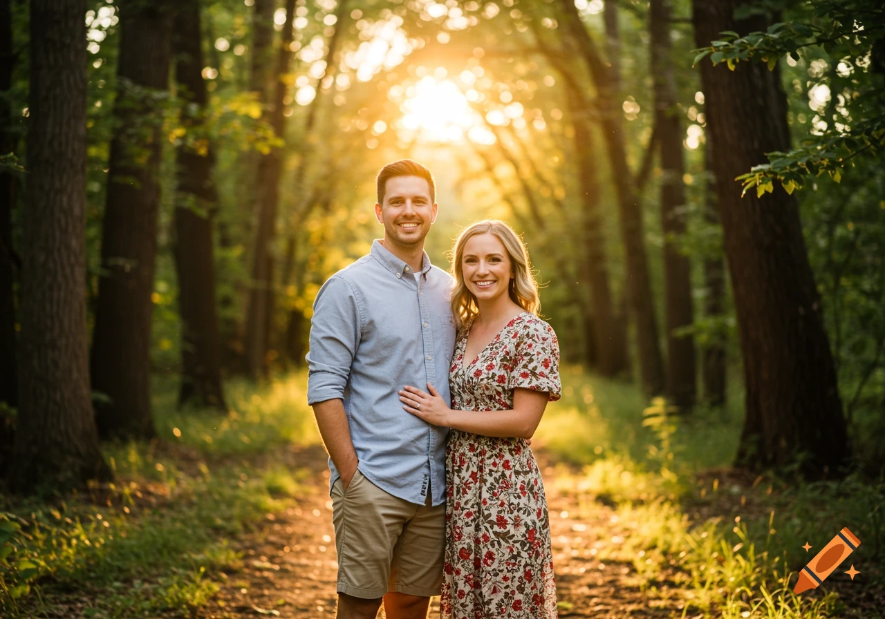 A smiling man and woman stand close together in a sun-drenched forest.