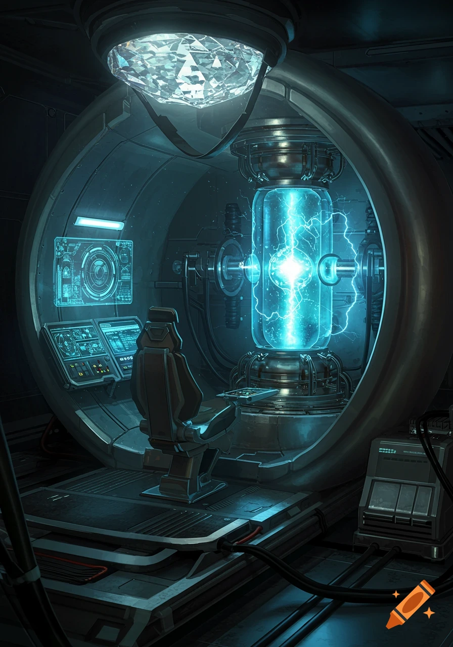 A dark, futuristic control room with a glowing blue energy chamber, a large faceted diamond, and a control seat.