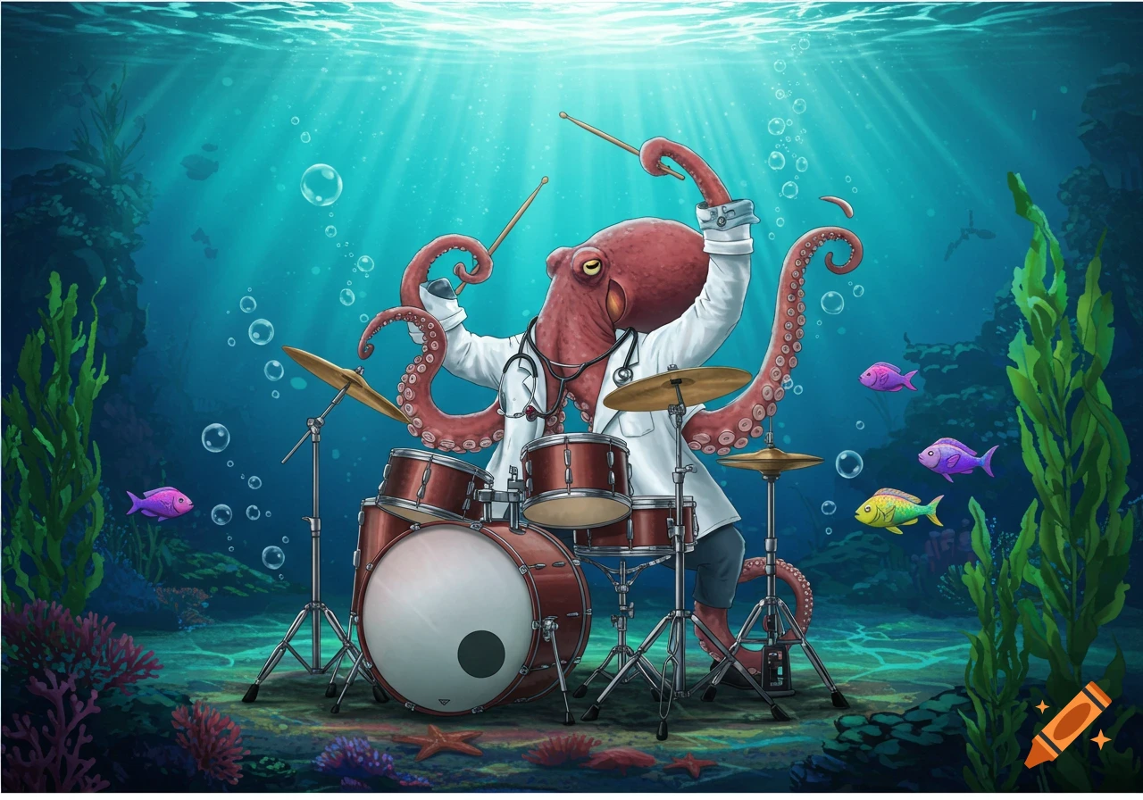 An illustrated octopus wearing a doctor's lab coat and stethoscope plays a drum set underwater with colorful fish and coral.