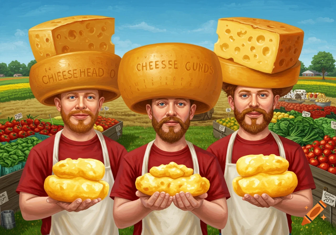 Three bearded men wearing large cheese wheels on their heads, holding large blocks of cheese curds, standing in front of market stalls filled with fresh produce.