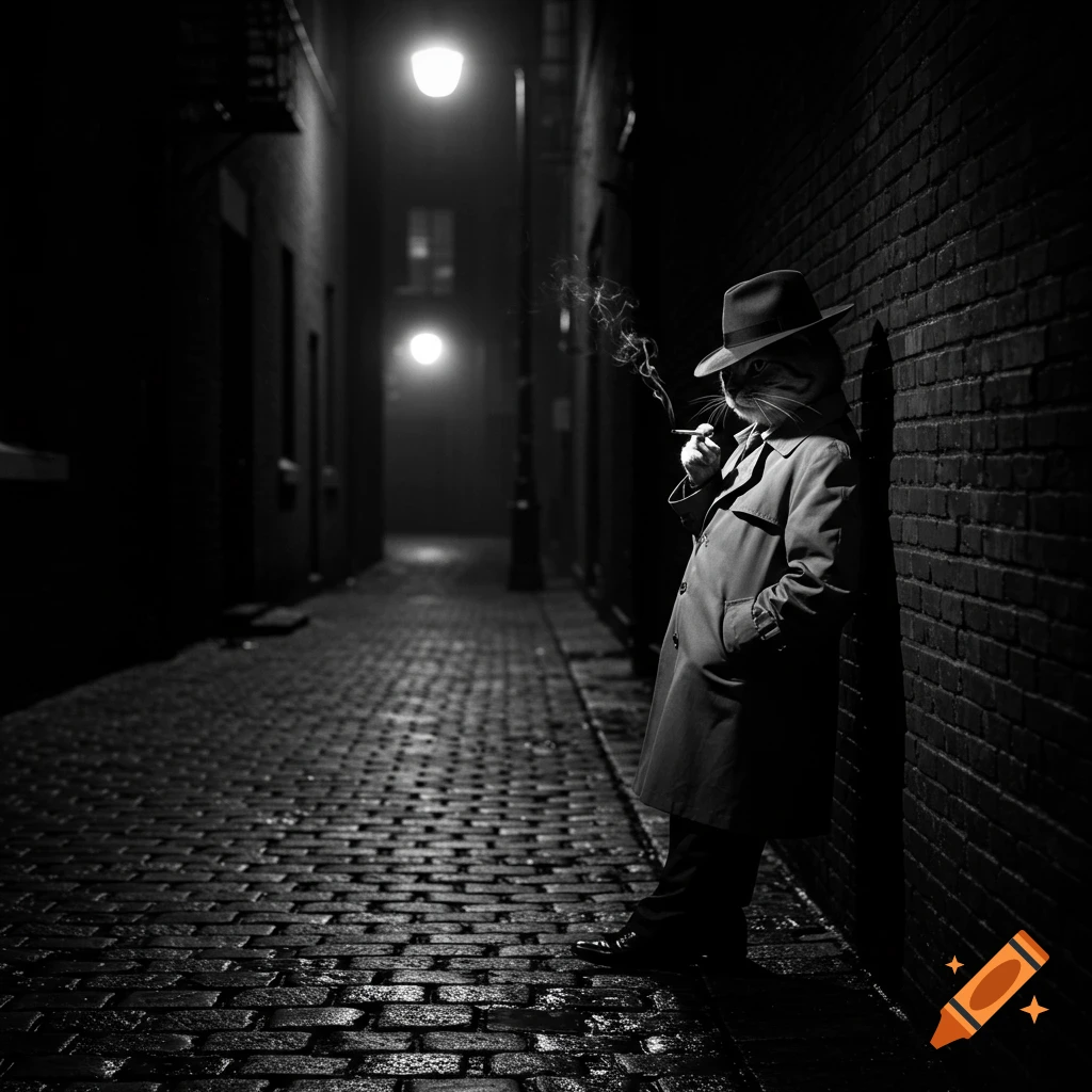 A cat in a trench coat and fedora smokes a cigarette in a dark, wet alley, in a film noir style black and white photograph.