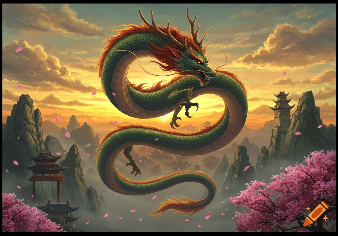 A majestic green and red Chinese dragon coils in the sky over a misty mountain landscape with traditional pagodas and pink cherry blossoms at sunset.