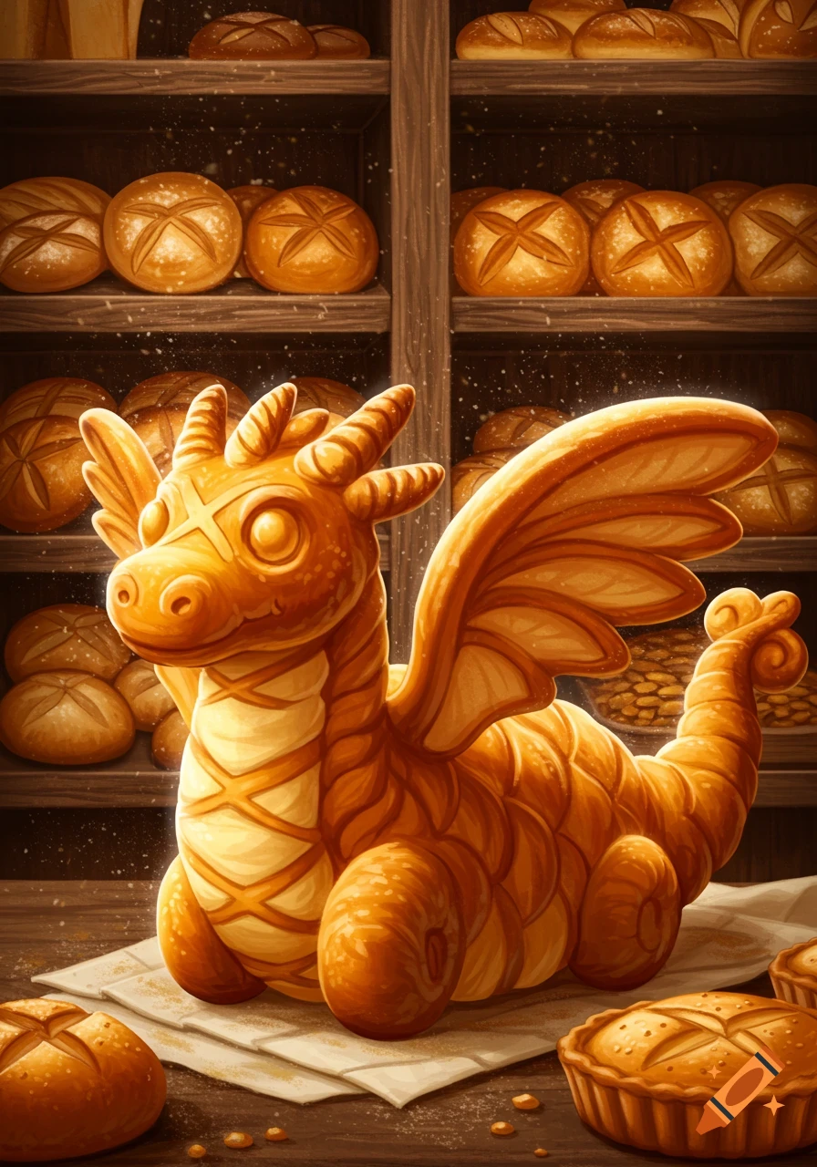 A golden-brown dragon-shaped bread loaf on a counter in a bakery, with shelves of bread behind it.