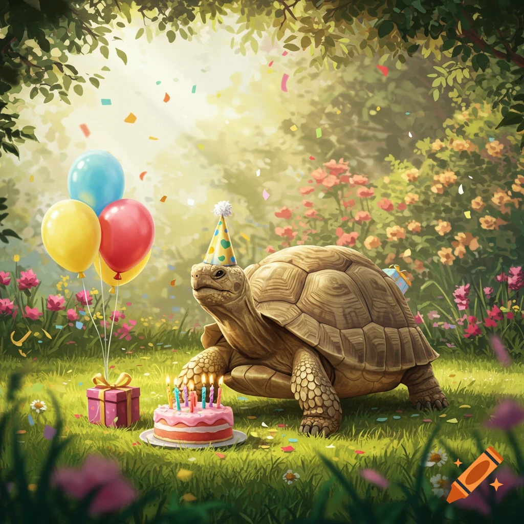 A happy tortoise wearing a party hat next to a birthday cake, balloons, and a gift in a sunlit, colorful forest. Confetti falls around them.
