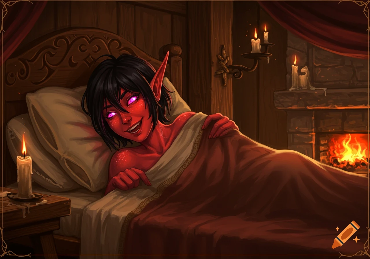 A smiling red-skinned female elf with black hair and glowing pink eyes lies in bed in a cozy tavern room with candles and a fireplace.