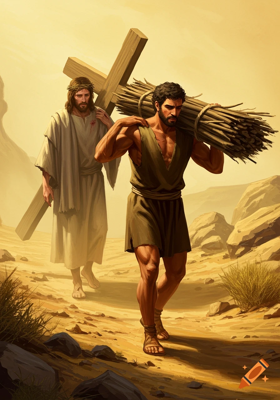 Jesus carries a wooden cross while Isaac carries a large bundle of sticks, walking through a barren desert landscape in a painted style.
