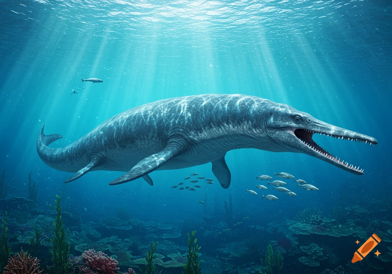 A large basilosaurus with an elongated body and long snout swims through clear blue ocean waters above a vibrant coral reef, with sun rays piercing from above.