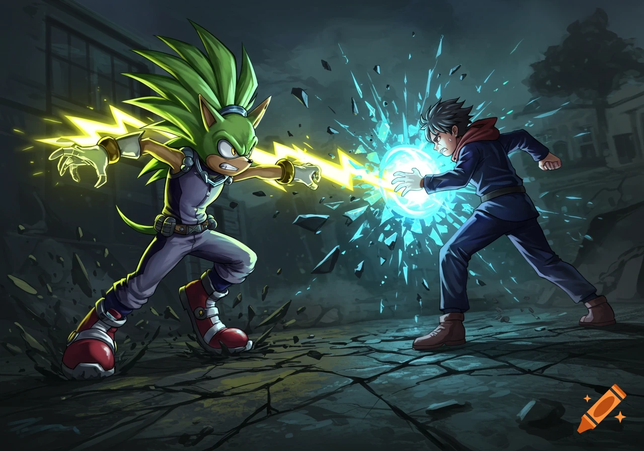Surge the Tenrec battles a Jujutsu High student with energy blasts in a ruined city. Dynamic anime style.