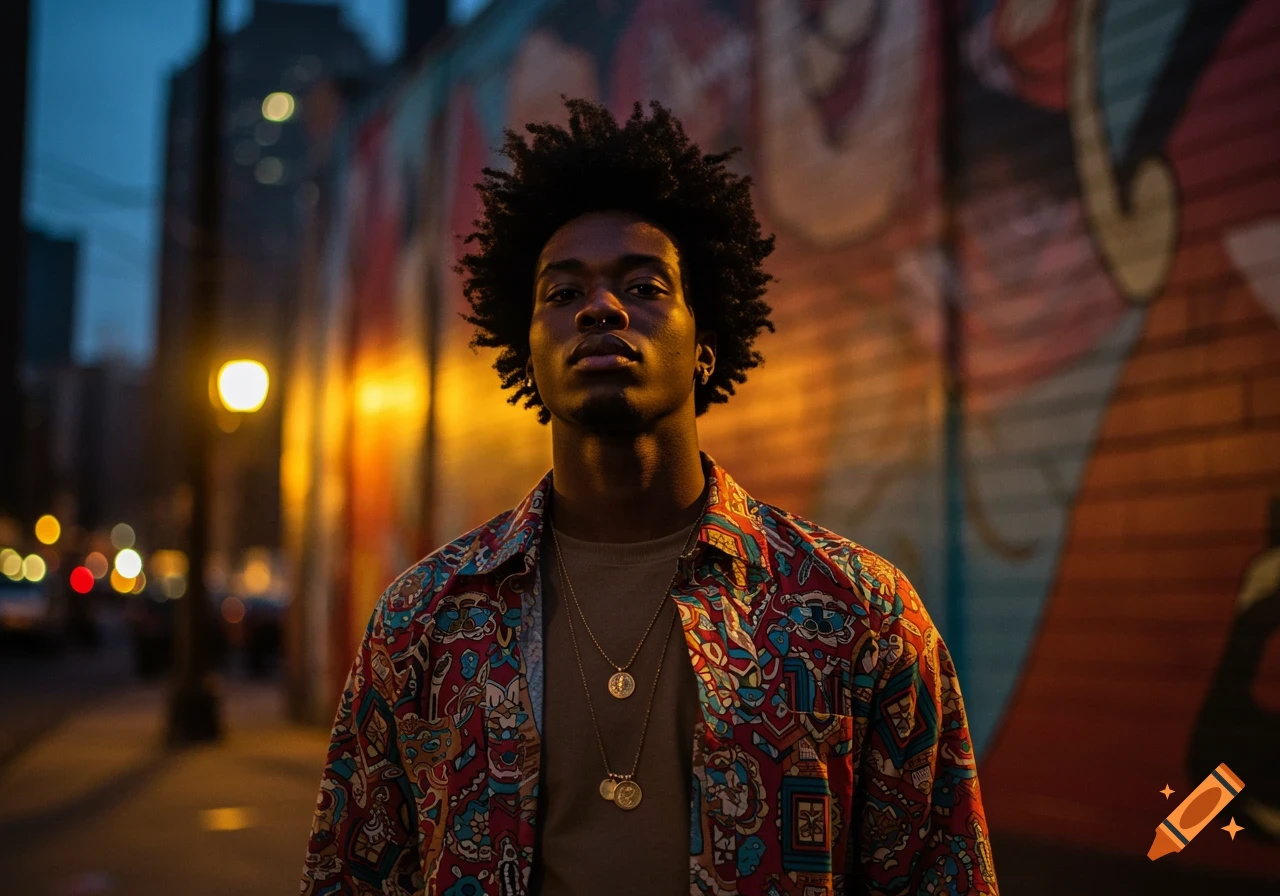 A serious Black man with an afro and a patterned shirt stands in front of a colorful mural at night.