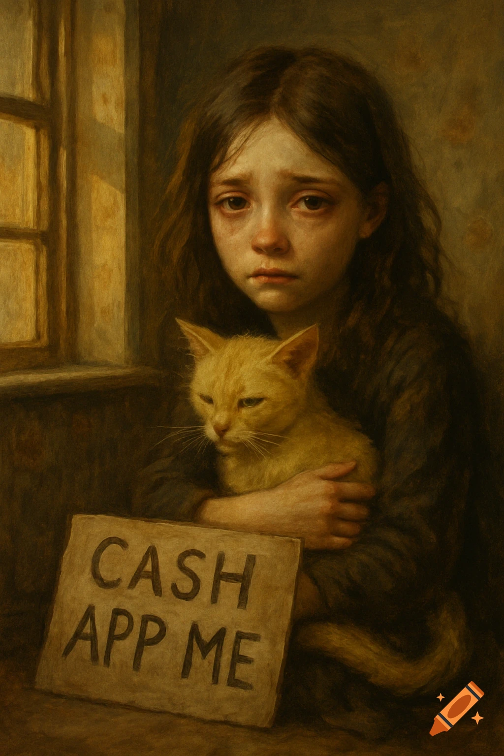A sad girl holding a light yellow cat sits by a window with a 'CASH APP ME' sign, in a dark, classical painting style.