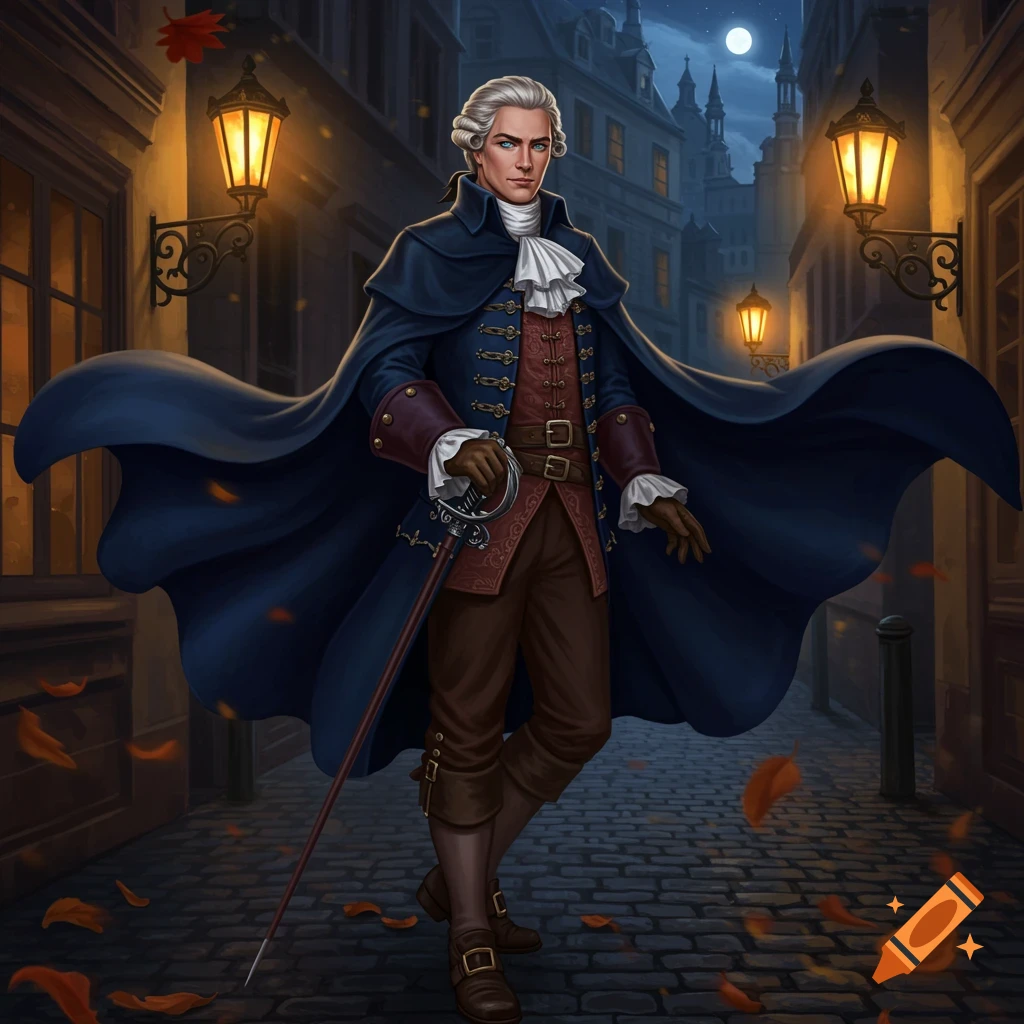An 18th-century swashbuckler with a powdered wig and blue cape stands on a cobblestone street at night, holding a sword cane.