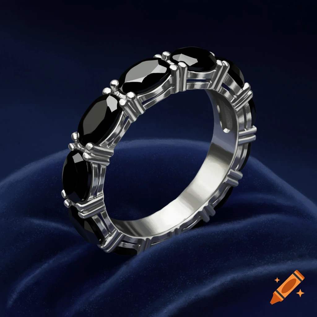 A silver eternity ring with multiple oval-cut black onyx gemstones resting on dark blue velvet.